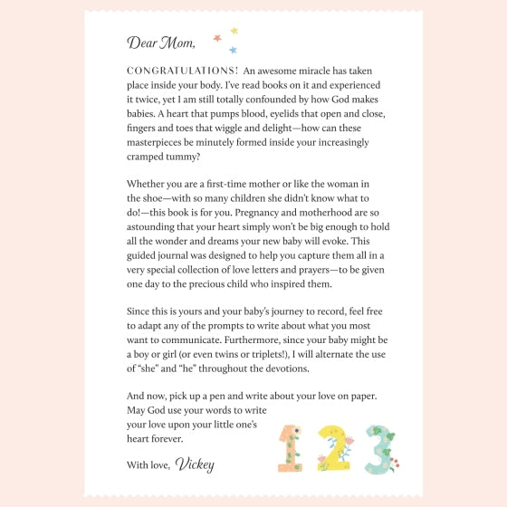 Image of the introductory letter from the guided journal Love Letters to My Baby by author and speaker Vickey Banks