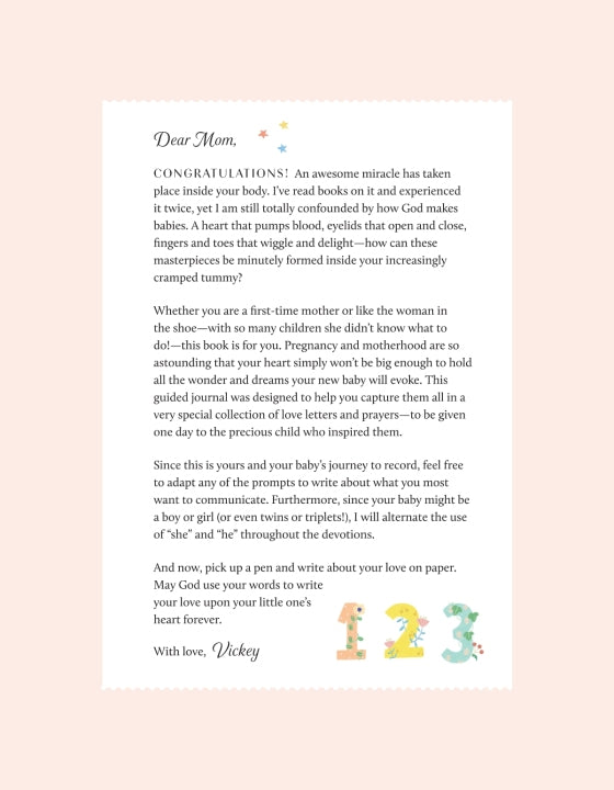 Image of the introductory letter from the guided journal Love Letters to My Baby by author and speaker Vickey Banks