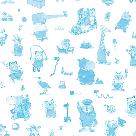A repeating pattern of light blue cartoon animals and objects on a white background, including elephants, cats, giraffes, bears, and small accessories.