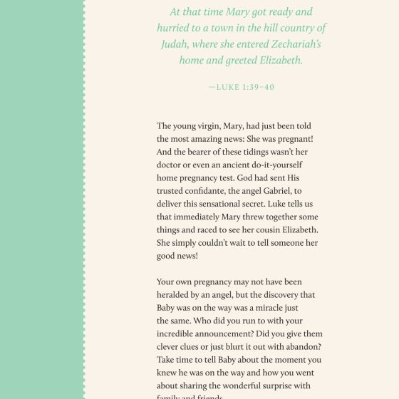 A page from a Christian devotional or pregnancy journal featuring Luke 1:39–40 about Mary visiting Elizabeth.