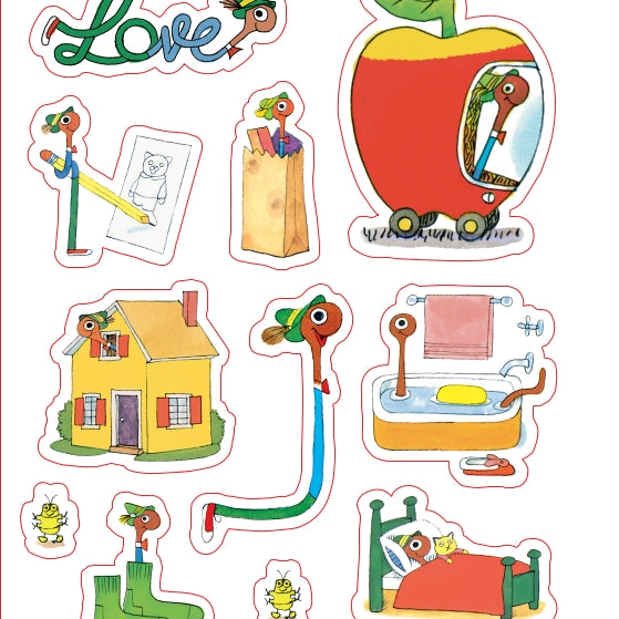 A sheet of colorful cartoon stickers featuring the character Roger from 'The Very Hungry Caterpillar' in various scenes and objects, including a house, bathtub, bed, apple car, and a large 'Love' word sticker.