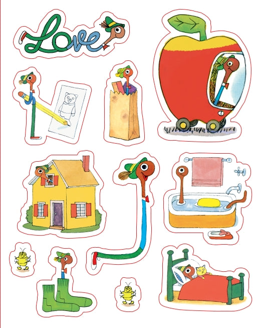 A sheet of colorful cartoon stickers featuring the character Roger from 'The Very Hungry Caterpillar' in various scenes and objects, including a house, bathtub, bed, apple car, and a large 'Love' word sticker.
