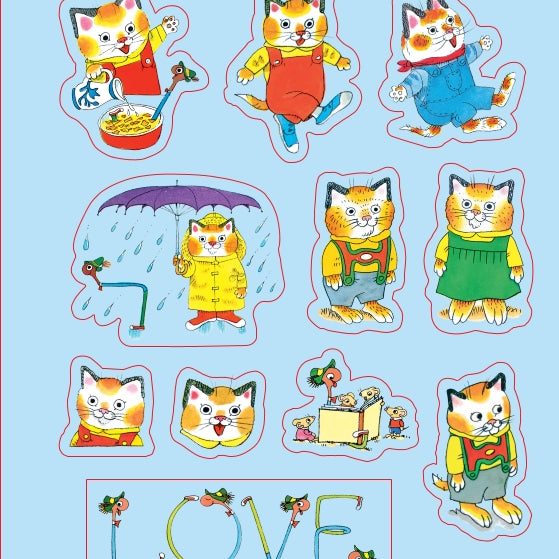 A sheet of cartoon cat stickers or decals on a light blue background. The design features multiple orange tabby cats in colorful clothing and scenes, including one holding a purple umbrella, one wearing red overalls, one in a green dress, and one spelling out the word LOVE in decorative letters.