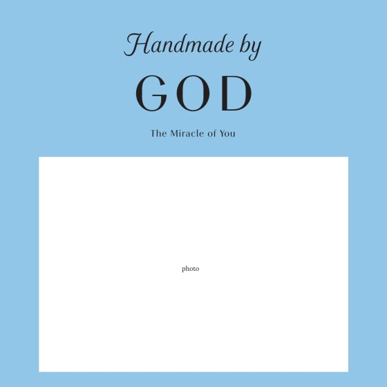 Blue card with 'Handmade by GOD' text and a white photo area on a blue background
