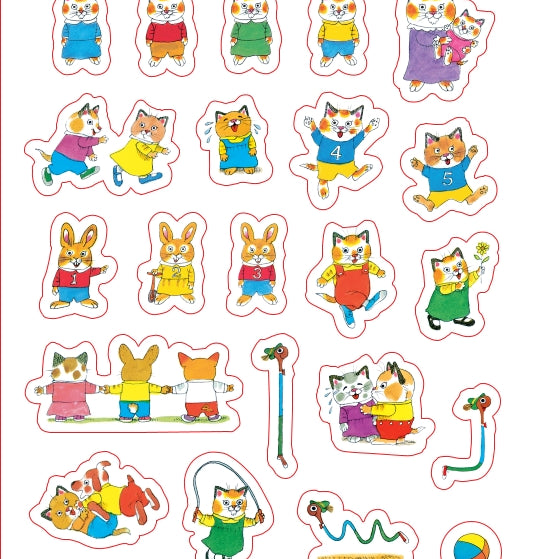 A sheet of cartoon animal stickers featuring cats, rabbits, and other playful characters in colorful clothing, shown on a plain white background.
