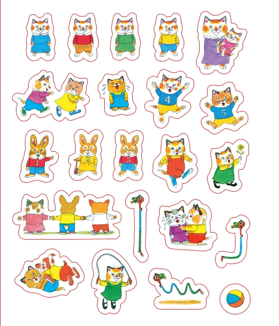 A sheet of cartoon animal stickers featuring cats, rabbits, and other playful characters in colorful clothing, shown on a plain white background.