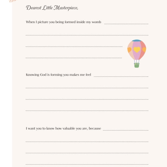 Sheet of paper with a hot air balloon illustration and text on a white background