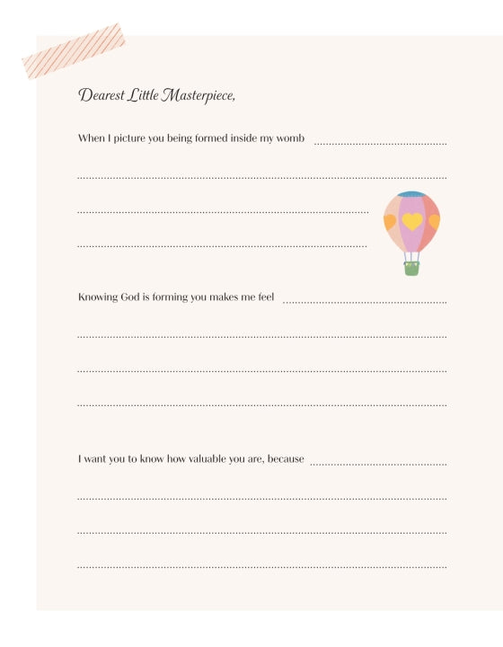 Sheet of paper with a hot air balloon illustration and text on a white background