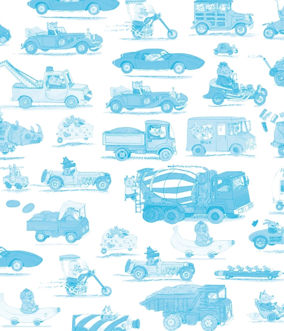 A repeating blue and white pattern featuring whimsical vintage-style vehicles, including cars, trucks, a motorcycle, a cement mixer, and a small bus, with small illustrated characters inside some vehicles.