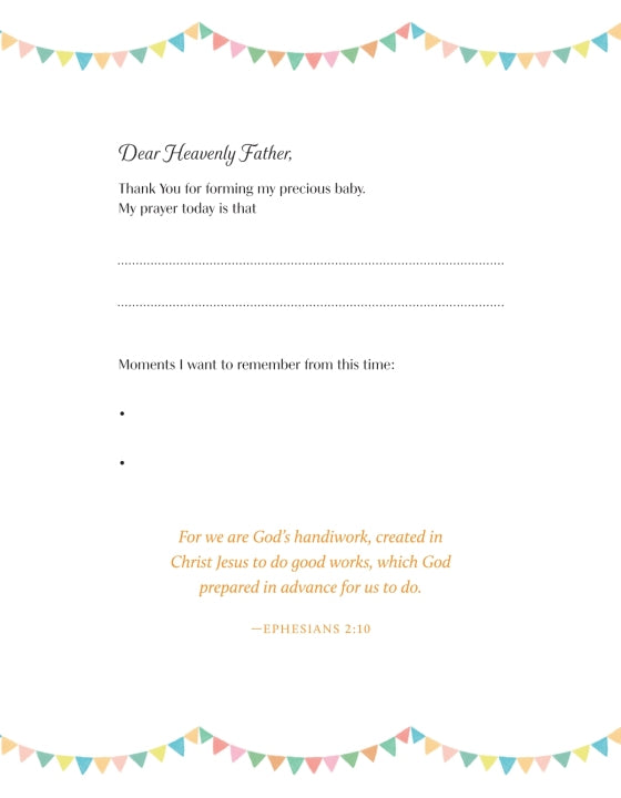 Prayer card with colorful banner at top and bottom, and text space for personal prayer.