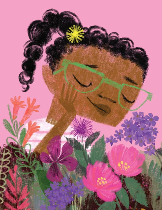 A girl and pink flower with on a pink background