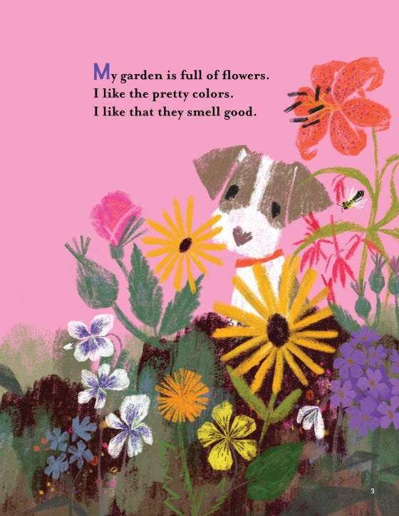Illustration of a bee on a yellow flower and dog with text about bees and flowers on a pink background