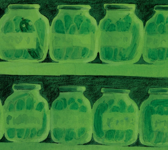 Green glass jars with plants on a green background.