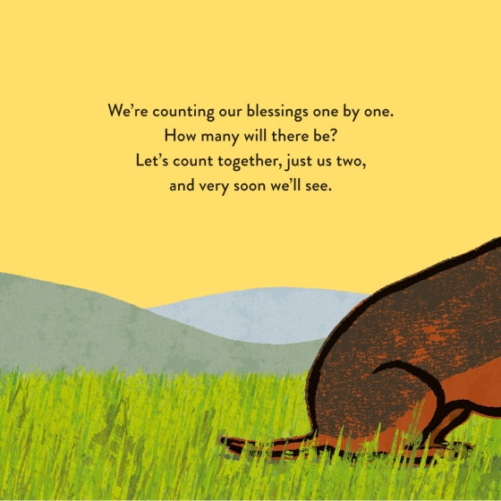 Illustration of a bear in a grassy field with a yellow background and text.