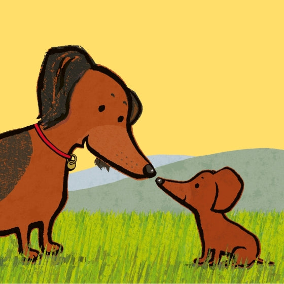 Illustration of two dachshunds on a grassy field with a yellow sky.