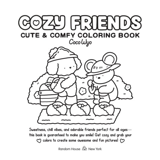 Cover of 'Cozy Friends' coloring book with two cartoon characters and text.