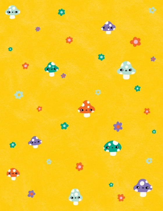 A repeating pattern of cute cartoon mushrooms and small flowers on a bright yellow background.