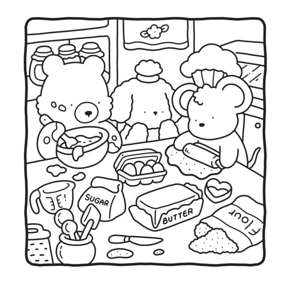 Cartoon bear and mouse in a kitchen with baking supplies