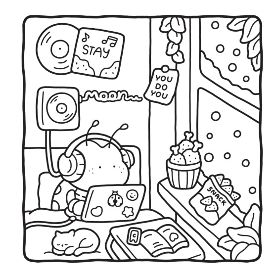 Illustration of a person wearing headphones, using a laptop, with a cat, snacks, and a cupcake in a cozy room.