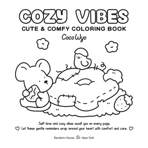Cover of 'Cozy Vibes' coloring book by Coco Wyo with a cartoon character and bear on a cloud.