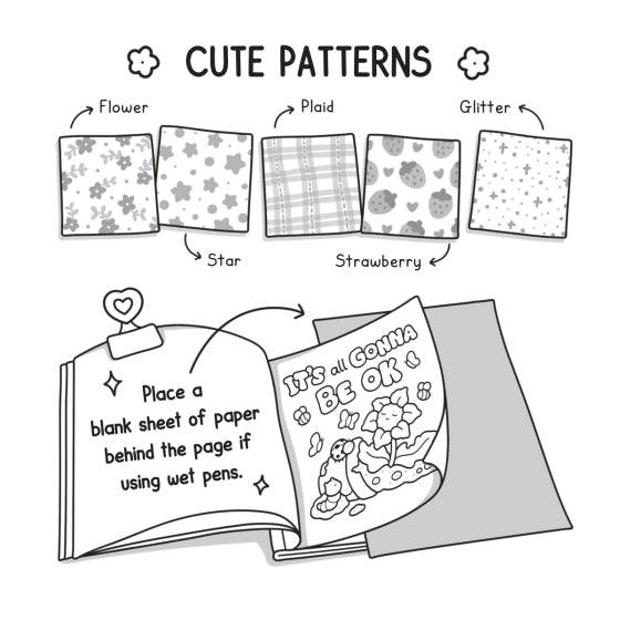 Illustration of a coloring book with different pattern options on a white background