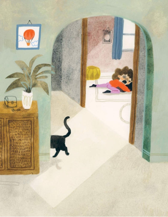 Illustration of a room with a cat, a child on a bed, and a plant.
