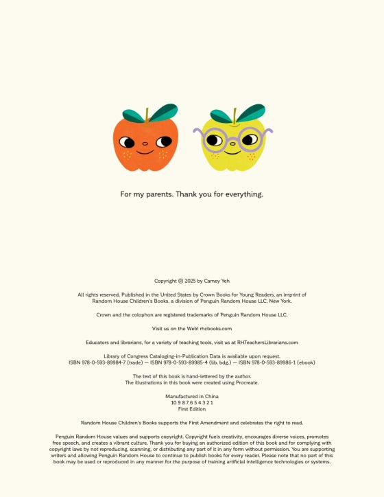 A cream-colored book cover featuring two cute, smiling cartoon pumpkins with green tops and glasses, with a message of gratitude for parents. Below the illustration is the title 'For my parents.