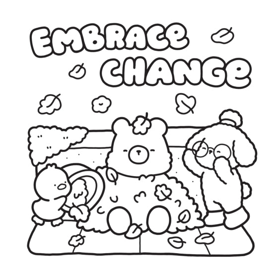 Cartoon animals sitting on a log with 'Embrace Change' text above