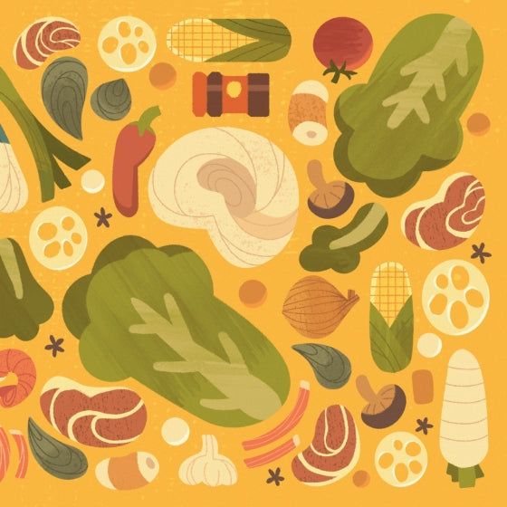 Illustration of various food items on a yellow background
