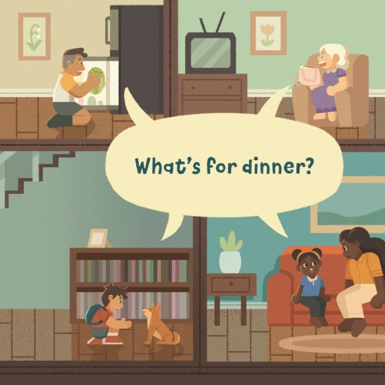 Illustration of a family gathered in a living room with a speech bubble asking 'What's for dinner?'