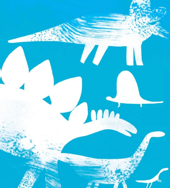 White silhouettes of dinosaurs on a blue background