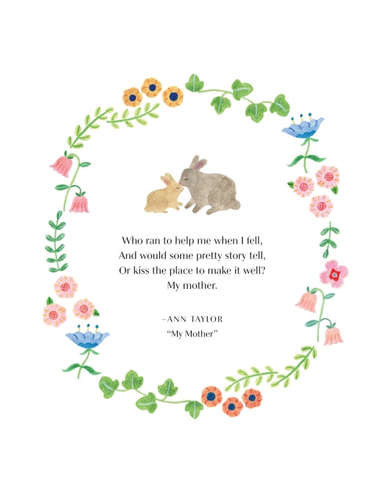 A sweet watercolor illustration featuring two rabbits inside a floral wreath, accompanied by a touching stanza from Ann Taylor's poem "My Mother."
