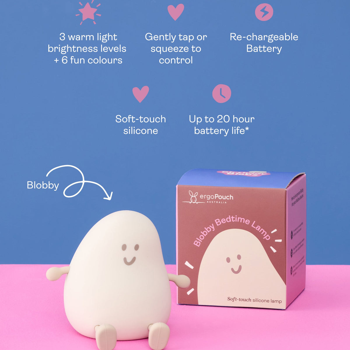 Bobby bedtime lamp with packaging on a pink and blue background
