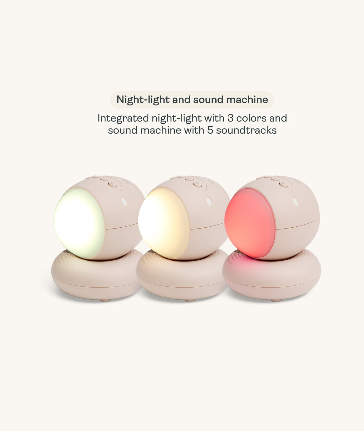 Three round night-light and sound machine devices with different colored lights on a white background.