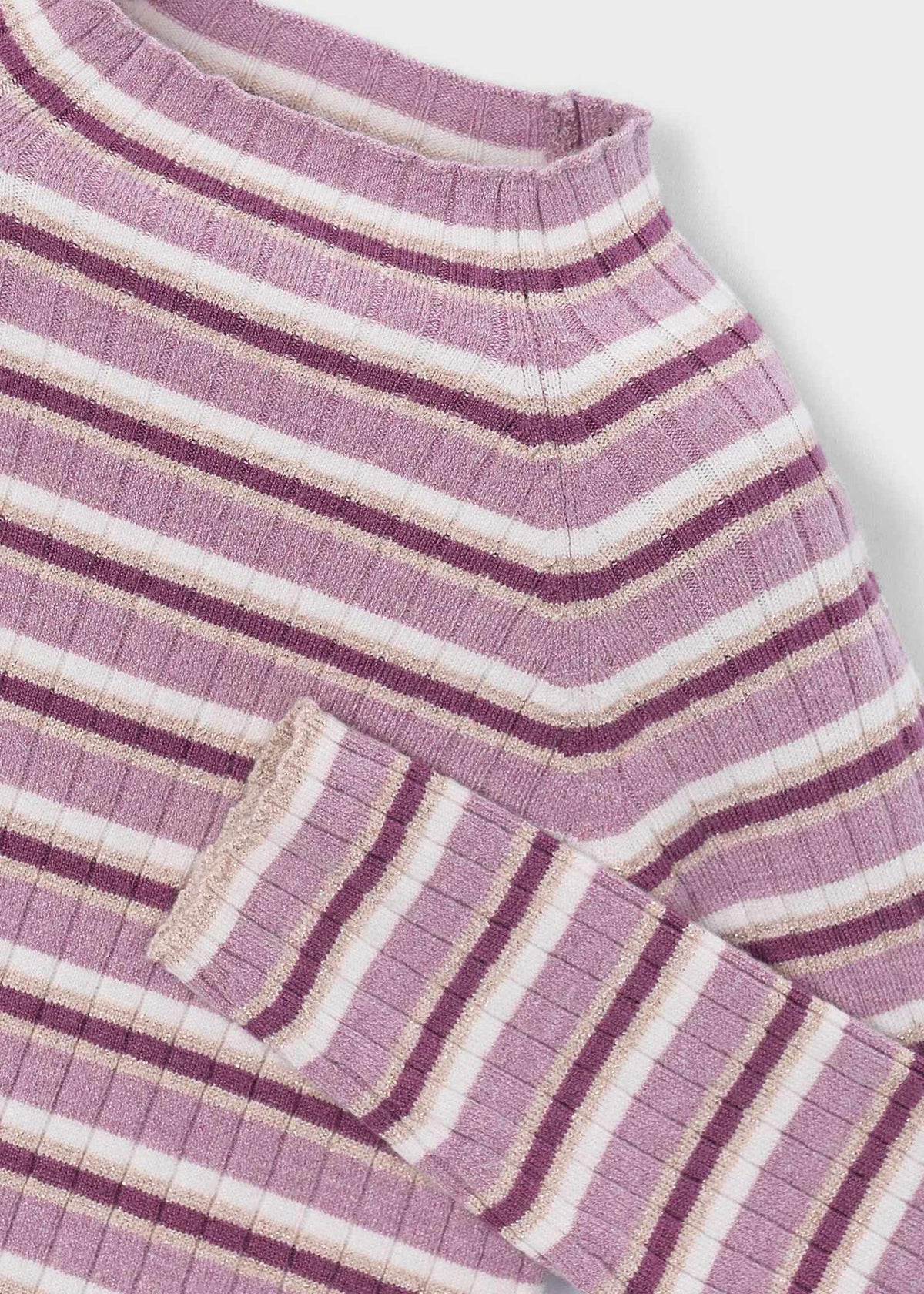 Close-up of a purple and white striped fabric with a pocket detail on a light gray background