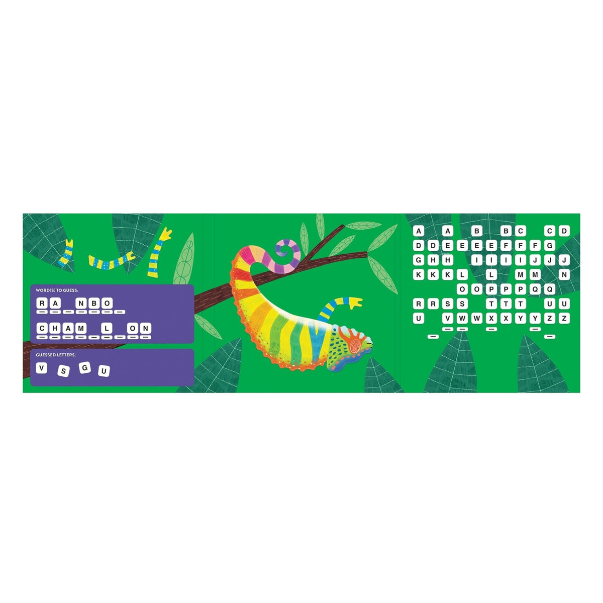 Open tri-fold layout of the Hang in There! Magnetic Board Game by Mudpuppy, showing a green jungle background with a colorful patterned chameleon on a branch, letter tiles on the right panel, and purple word-guess panels on the left.