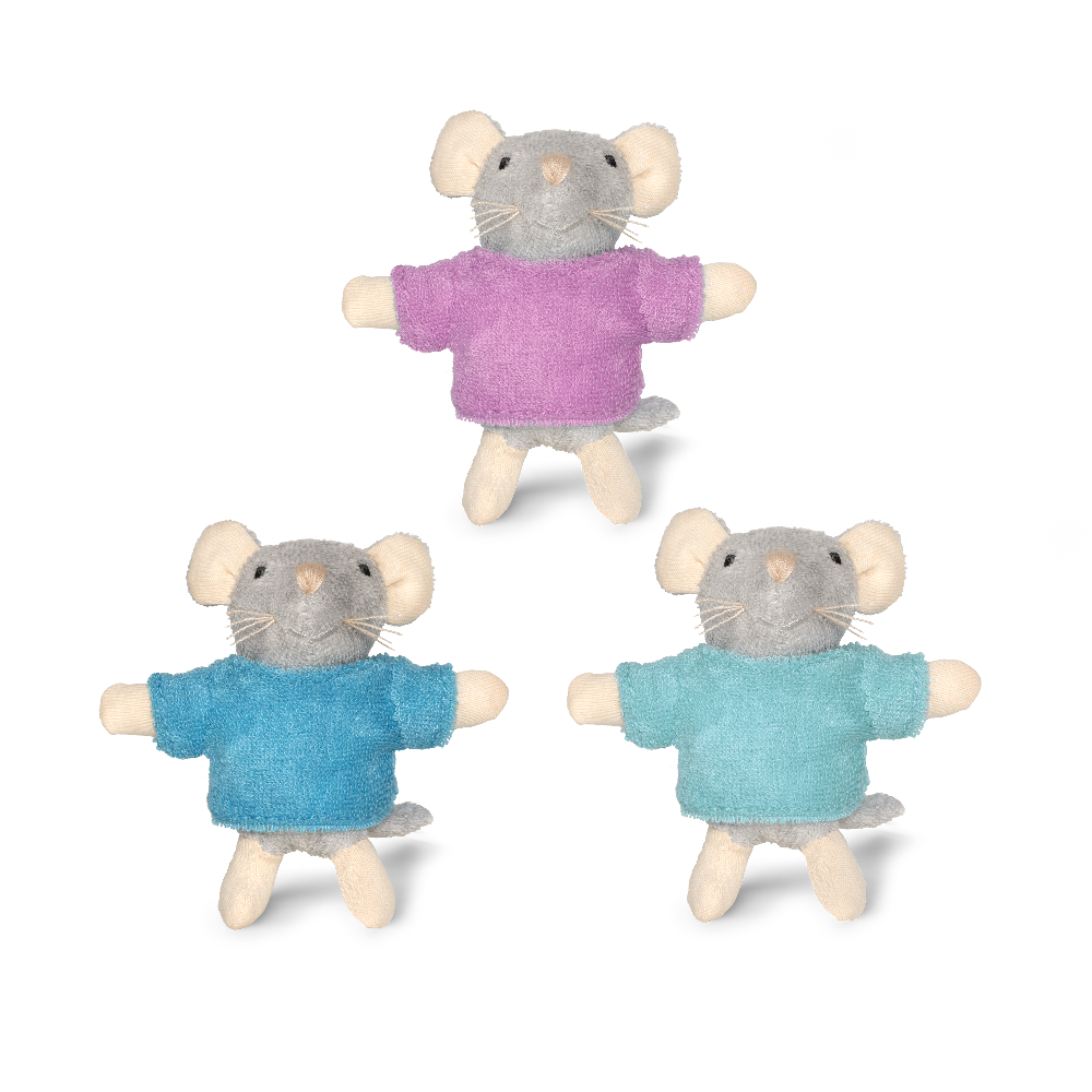Three plush mouse toys wearing purple, blue, and gray shirts on a white background