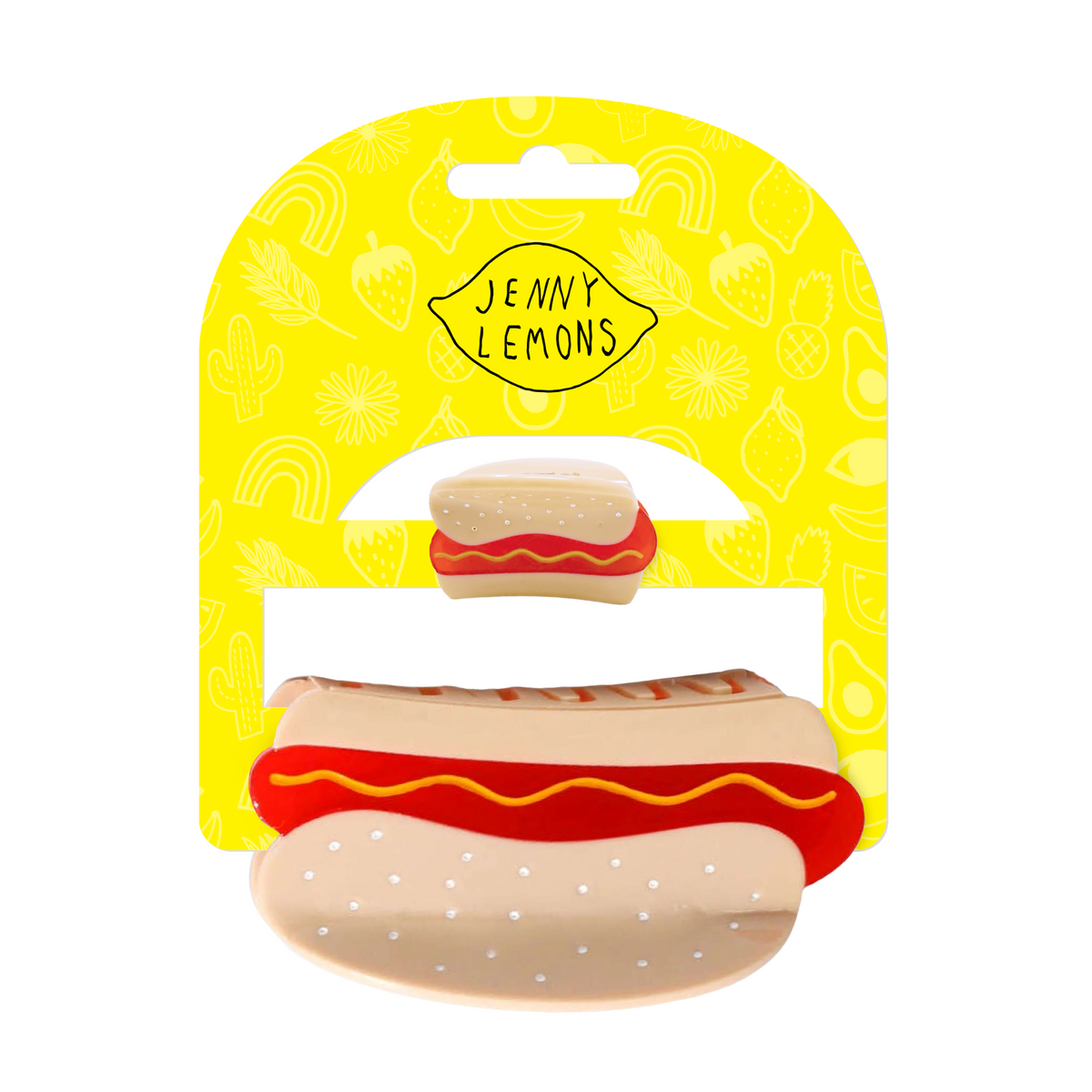 Hot dog-shaped product with red sauce on a yellow 'Jenny Lemons' branded card.