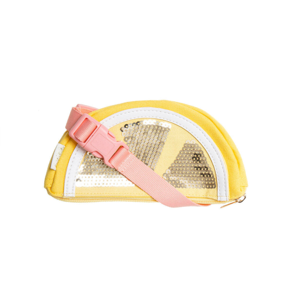 A yellow crescent-shaped pouch with a pink adjustable shoulder strap, featuring a clear window with gold rhinestone trim and a white border, shown on a plain white background.