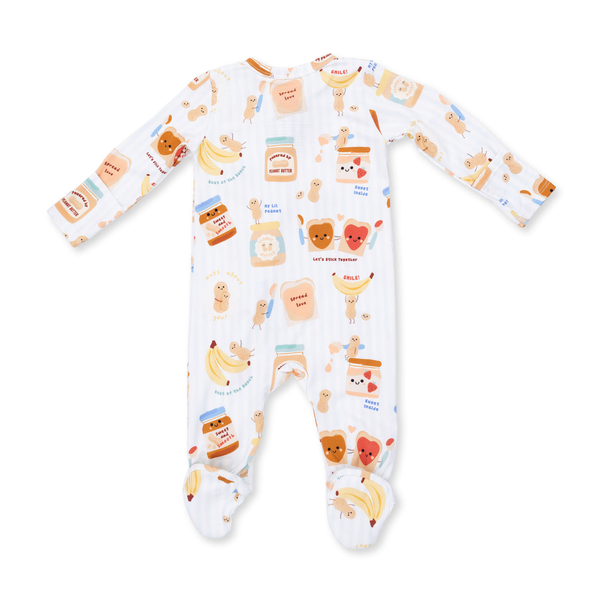 A baby footed sleeper with long sleeves and an all-over whimsical peanut butter and jelly theme print on a white background.