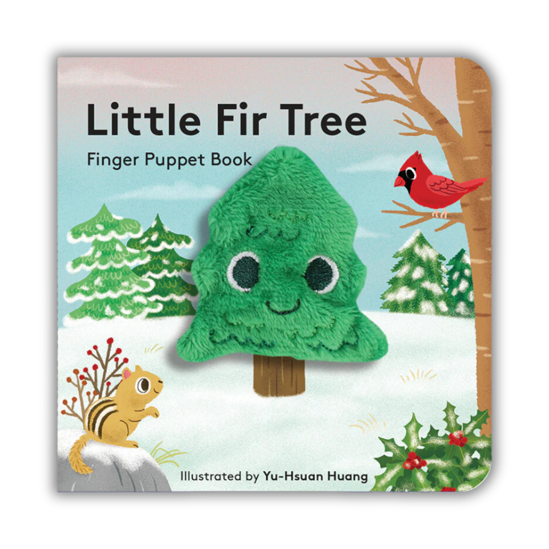 Finger puppet book titled 'Little Fir Tree' with a green tree puppet on a snowy forest cover.