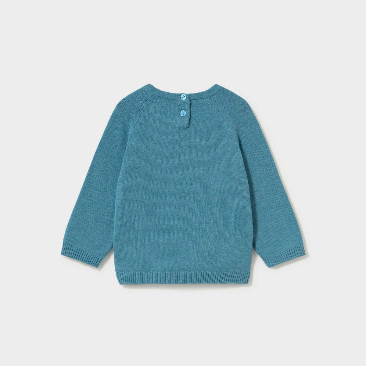 A teal blue knit sweater for toddlers, featuring long raglan sleeves and a small button closure at the collar, displayed on a light gray background.