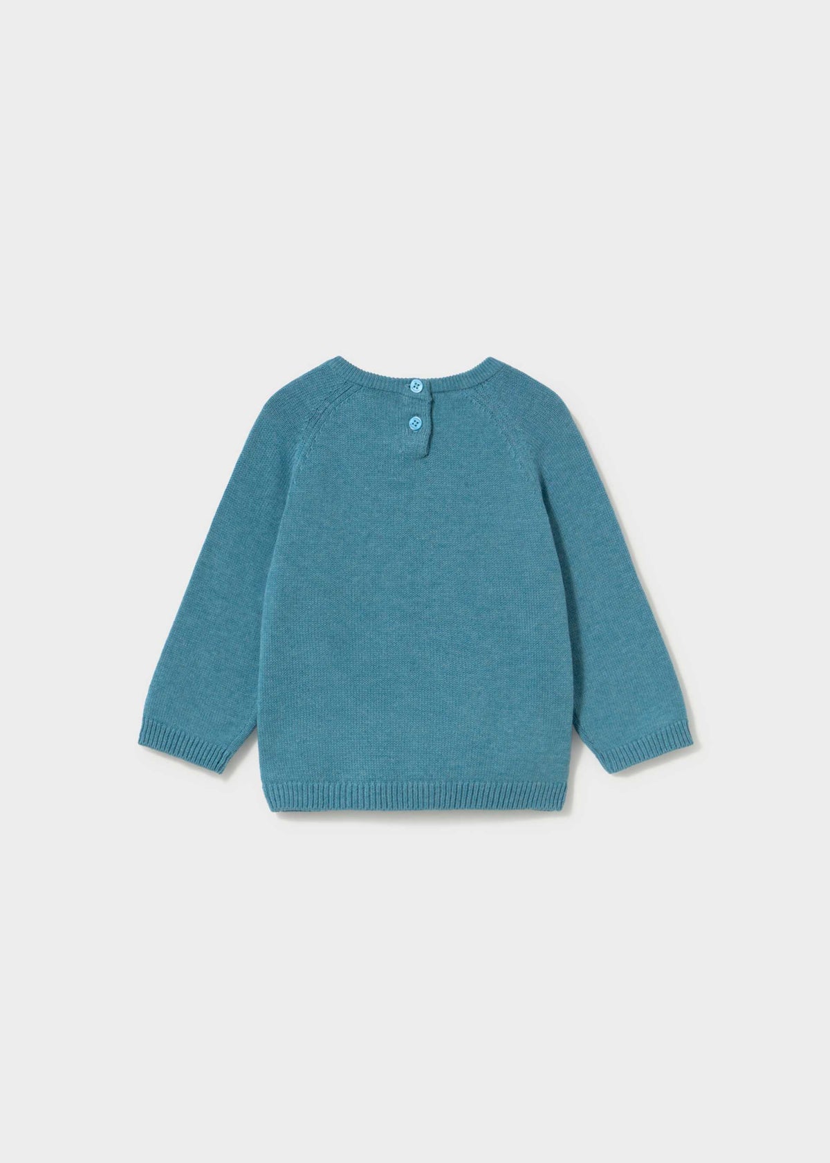 A teal blue knit sweater for toddlers, featuring long raglan sleeves and a small button closure at the collar, displayed on a light gray background.