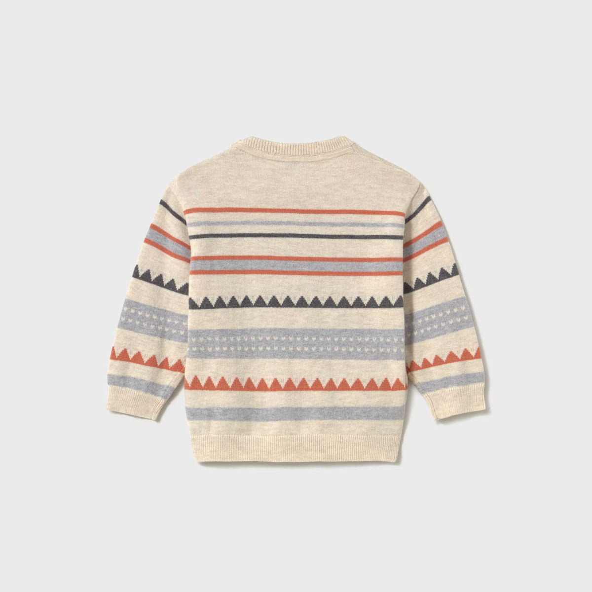 Back of a Mayoral sweater featuring rust-orange sawtooth bands and shoulder button fastenings.