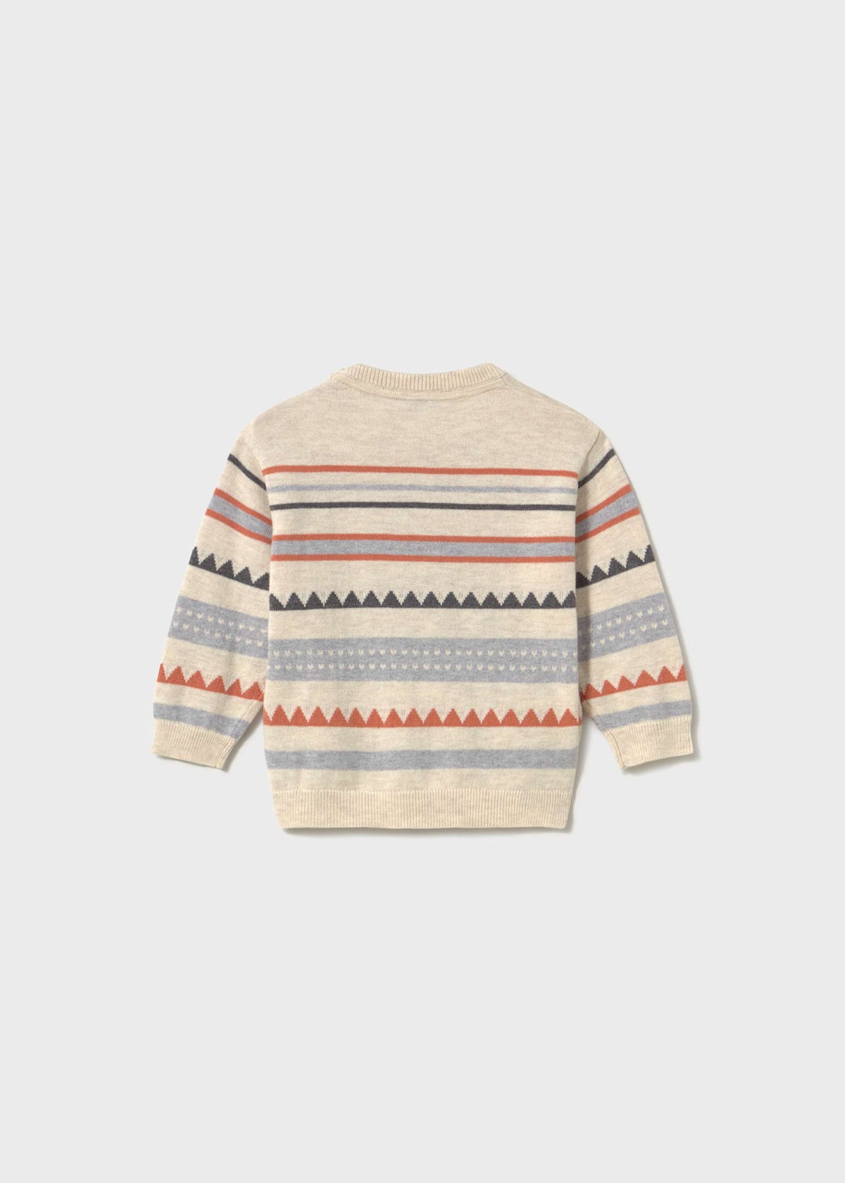 Back of a Mayoral sweater featuring rust-orange sawtooth bands and shoulder button fastenings.