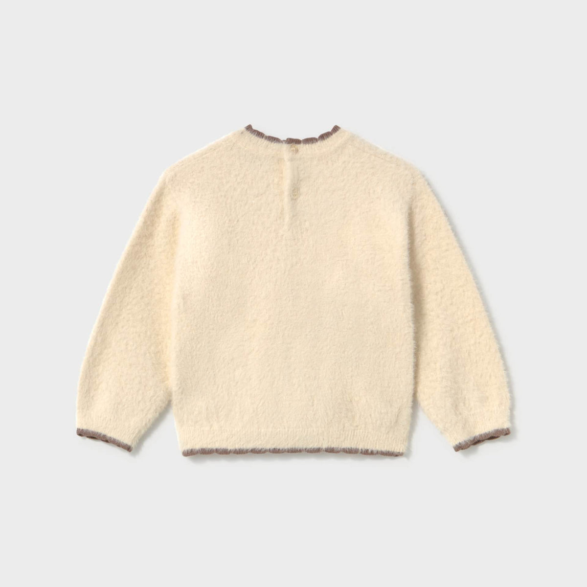 A cream-colored, fuzzy long-sleeve knit sweater shown from the back, featuring a crew neck and ribbed cuffs and hem, set against a light gray background.