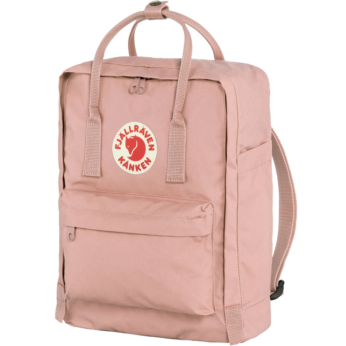 Pink backpack with Fjällräven Kånken logo on a white background