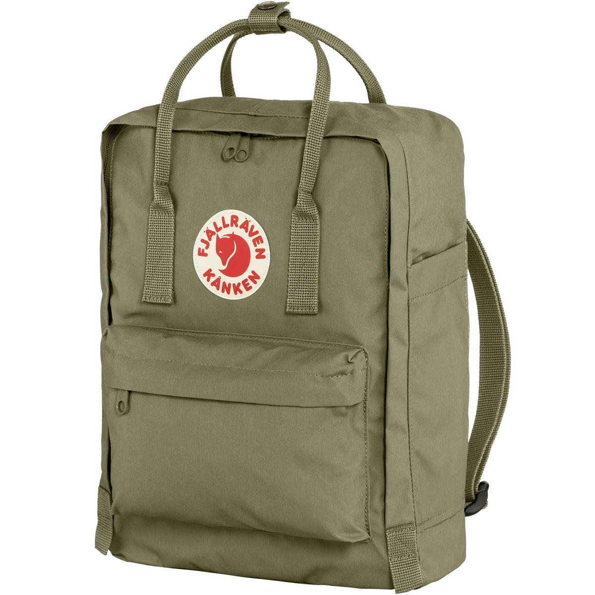Green backpack with Fjällräven Kånken logo on a white background