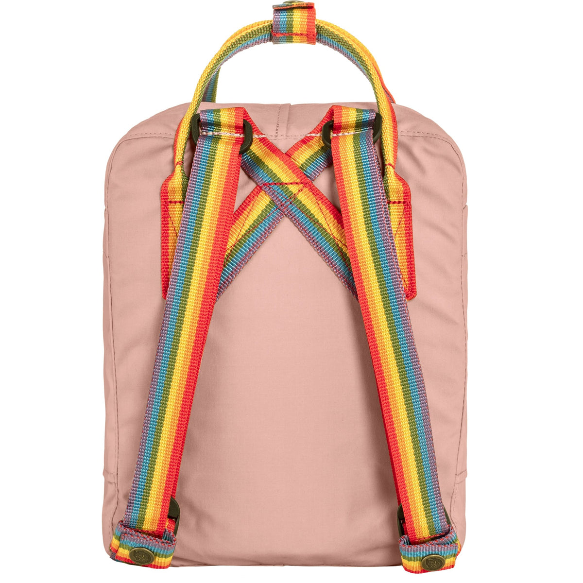 Pink backpack with rainbow straps on a white background