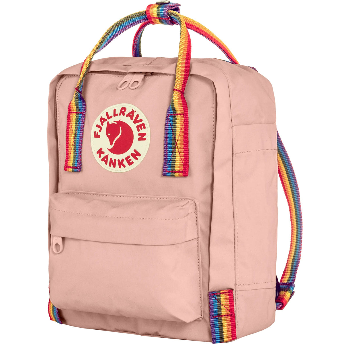 Pink backpack with rainbow straps and Fjällräven Kånken logo on a white background
